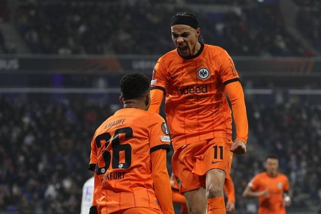2024 12 12 6 Matchday UEFA Europa League Olympique Lyonnais Eintracht Frankfurt v l , Ansgar Knauff Eintracht Frankfurt , Hugo Ekitike Eintracht Frankfurt Torjubel, Goal celebration, celebrate the goal DFL REGULATIONS PROHIBIT ANY USE OF PHOTOGRAPHS AS IMAGE SEQUENCES AND OR QUASI VIDEO Copyright: JoaquimxFerreira