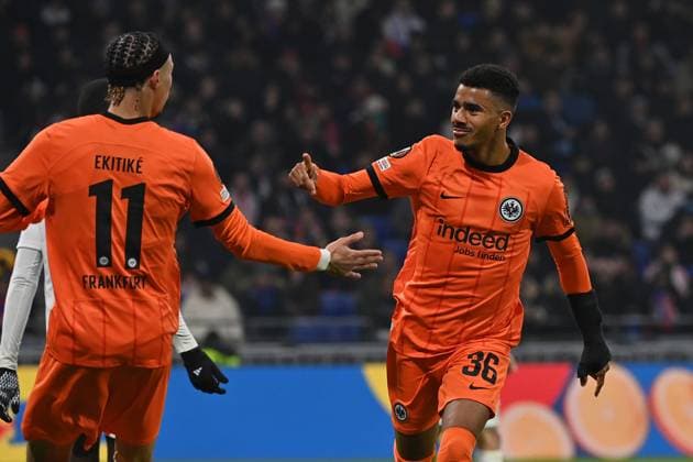 12 12 2024, xjrdrx, football UEFA Europa League, Olympique Lyon Eintracht Frankfurt emspor, v l goal celebration after the goal to celebrate the goal celebrate 0 1 by Ansgar Knauff Eintracht Frankfurt DFL DFB REGULATIONS PROHIBIT ANY USE OF PHOTOGRAPHS as IMAGE SEQUENCES and or QUASI VIDEO Lyon