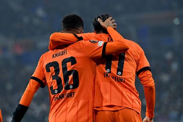 12 12 2024, xjrdrx, football UEFA Europa League, Olympique Lyon Eintracht Frankfurt emspor, v l goal celebration after the goal to celebrate the goal celebrate 0 1 by Ansgar Knauff Eintracht Frankfurt DFL DFB REGULATIONS PROHIBIT ANY USE OF PHOTOGRAPHS as IMAGE SEQUENCES and or QUASI VIDEO Lyon