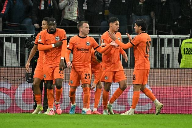 12 12 2024, xjhx, football UEFA Europa League, Olympique Lyon Eintracht Frankfurt emspor, v l goal celebration after the goal to celebrate the goal celebrate 0 1 by Ansgar Knauff Eintracht Frankfurt DFL DFB REGULATIONS PROHIBIT ANY USE OF PHOTOGRAPHS as IMAGE SEQUENCES and or QUASI VIDEO Lyon