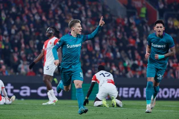 Slavia Praha v RSC Anderlecht - UEFA Europa League PRAGUE, CZECH REPUBLIC - DECEMBER 11 : Verschaeren Yari midfielder of RSC Anderlecht celebrates after scoring during the UEFA Europa League 2024 25 League Phase MD6 match between Slavia Praha and RSC Anderlecht on December 11, 2024 in Prague, Czech Republic, 11 12 2024 Prague Czech Republic  Copyright: xJanxDexMeuleneirx