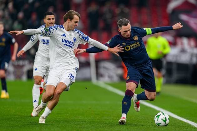 FC Copenhagen v Heart of Midlothian UEFA Conference League 12 12 2024. William Clem of FC Copenhagen tussles with Lawrence Shankland of Hearts during the UEFA Conference League match between FC Copenhagen and Heart of Midlothian at Parken Stadium, Copenhagen, Denmark on 12 December 2024. Editorial use only , Copyright: xMalcolmxMackenzie HeartsxFCx PSI-20987-0006