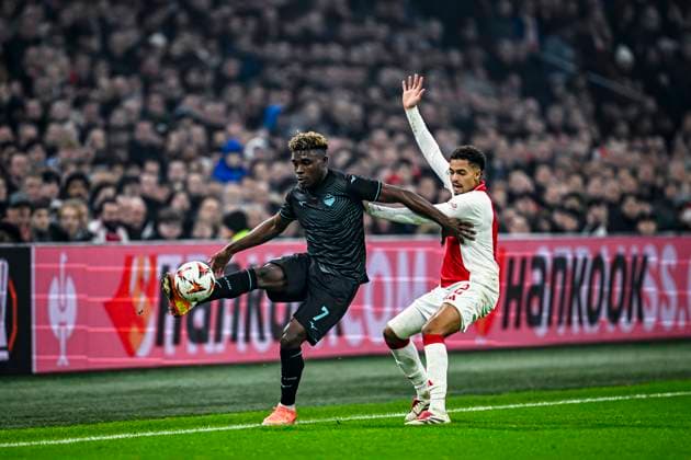 Lazio midfielder Fisayo Dele Bashiru, AFC Ajax Amsterdam defender Devyne Rensch, during the match Ajax Lazio at the Johan Cruijff ArenA for the UEFA Europa League phase Matchday 6 season 2024 2025 in AMSTERDAM, Netherlands on 12 december 2024, photo by Stefan Koops EYE4images DeFodi Images Defodi 746 203900 Defodi-746