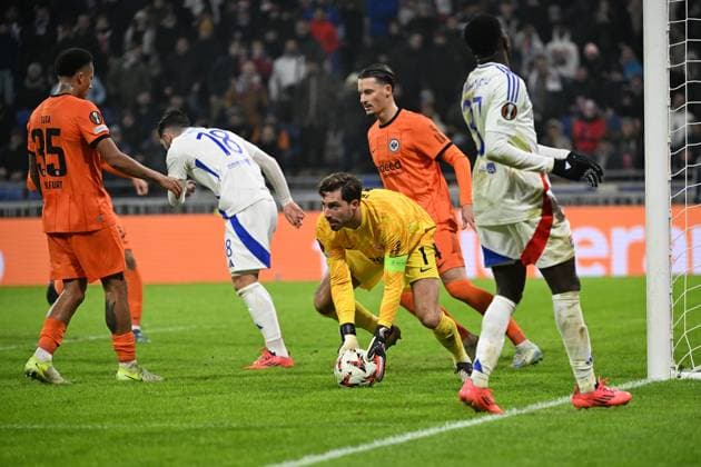 12 12 2024, xjhx, Football UEFA Europa League, Olympique Lyon Eintracht Frankfurt emspor, v l Tuta Eintracht Frankfurt Rayan Cherki Olympique Lyon Kevin Trapp Eintracht Frankfurt Robin Koch Eintracht Frankfurt Ernest Nuamah Olympique Lyon DFL DFB REGULATIONS PROHIBIT ANY USE OF PHOTOGRAPHS as IMAGE SEQUENCES and or QUASI VIDEO Lyon