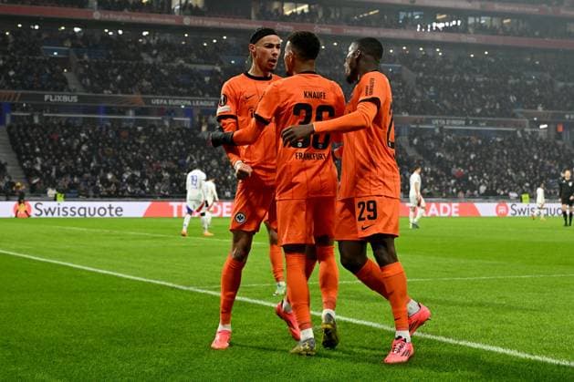 12 12 2024, xjrdrx, football UEFA Europa League, Olympique Lyon Eintracht Frankfurt emspor, v l goal celebration after the goal to celebrate the goal celebrate 0 1 by Ansgar Knauff Eintracht Frankfurt DFL DFB REGULATIONS PROHIBIT ANY USE OF PHOTOGRAPHS as IMAGE SEQUENCES and or QUASI VIDEO Lyon