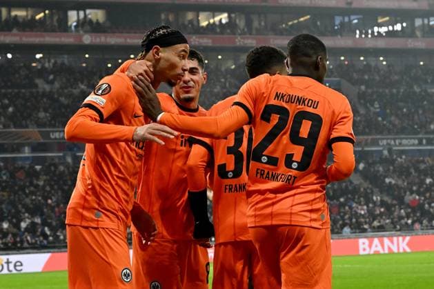 12 12 2024, xjrdrx, football UEFA Europa League, Olympique Lyon Eintracht Frankfurt emspor, v l goal celebration after the goal to celebrate the goal celebrate 0 1 by Ansgar Knauff Eintracht Frankfurt DFL DFB REGULATIONS PROHIBIT ANY USE OF PHOTOGRAPHS as IMAGE SEQUENCES and or QUASI VIDEO Lyon