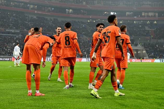 12 12 2024, xjrdrx, football UEFA Europa League, Olympique Lyon Eintracht Frankfurt emspor, v l goal celebration after the goal to celebrate the goal celebrate 0 1 by Ansgar Knauff Eintracht Frankfurt DFL DFB REGULATIONS PROHIBIT ANY USE OF PHOTOGRAPHS as IMAGE SEQUENCES and or QUASI VIDEO Lyon