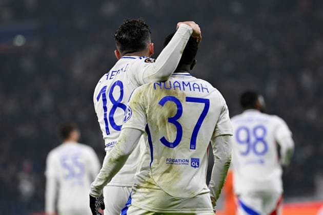 12 12 2024, xjrdrx, football UEFA Europa League, Olympique Lyon Eintracht Frankfurt emspor, v l goal celebration after the goal to celebrate the goal celebrate 3 1 by Ernest Nuamah Olympique Lyon DFL DFB REGULATIONS PROHIBIT ANY USE OF PHOTOGRAPHS as IMAGE SEQUENCES and or QUASI VIDEO Lyon