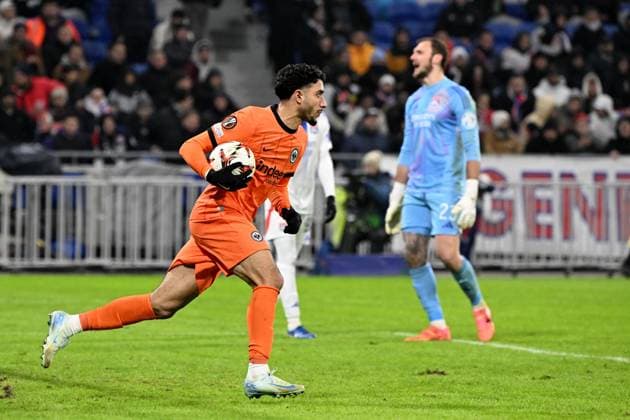 12 12 2024, xjhx, Football UEFA Europa League, Olympique Lyon Eintracht Frankfurt emspor, v l Omar Marmoush Eintracht Frankfurt after the goal to 3 2 DFL DFB REGULATIONS PROHIBIT ANY USE OF PHOTOGRAPHS as IMAGE SEQUENCES and or QUASI VIDEO Lyon