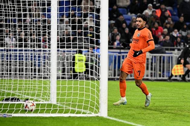 12 12 2024, xjhx, Football UEFA Europa League, Olympique Lyon Eintracht Frankfurt emspor, v l Omar Marmoush Eintracht Frankfurt after the goal to 3 2 DFL DFB REGULATIONS PROHIBIT ANY USE OF PHOTOGRAPHS as IMAGE SEQUENCES and or QUASI VIDEO Lyon