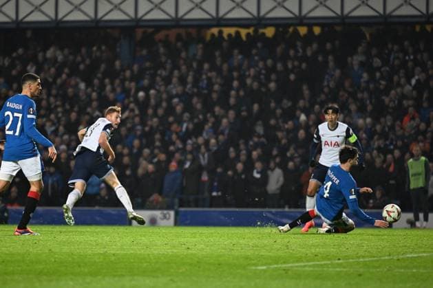 Glasgow, Scotland, 12th December 2024. Dejan Kulusevski of Tottenham Hotspur scores during the UEFA Europa League match at Ibrox Stadium, Glasgow. Picture credit should read: Neil Hanna Sportimage EDITORIAL USE ONLY. No use with unauthorised audio, video, data, fixture lists, club league logos or live services. Online in-match use limited to 120 images, no video emulation. No use in betting, games or single club league player publications. SPI-3523-0040