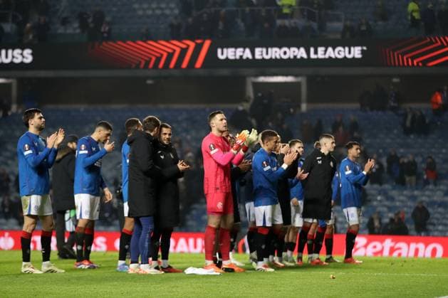 Rangers players applaud there fans after the Europa League group phase match at Ibrox Stadium, Glasgow. Rangers v Tottenham Hotspur, UEFA Europa League, Football, Ibrox Stadium, Glasgow, Scotland, UK - 12 Dec 2024 EDITORIAL USE ONLY No use with unauthorised audio, video, data, fixture lists, club league logos or live services. Online in-match use limited to 120 images, no video emulation. No use in betting, games or single club league player publications.  Copyright: xKirkxO Rourke RangersxFC Shutterstockx 14998166aj