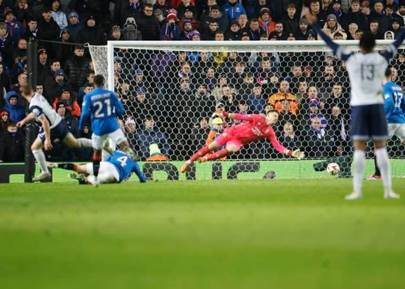 Rangers v Tottenham Hotspur UEFA Europa League Dejan Kulusevski of Tottenham Hotspur (left) scores his teams first goal during the UEFA Europa League match at Ibrox Stadium, Glasgow UK Newspapers OUT Copyright: xFredxPalmerx FIL-21078-0075