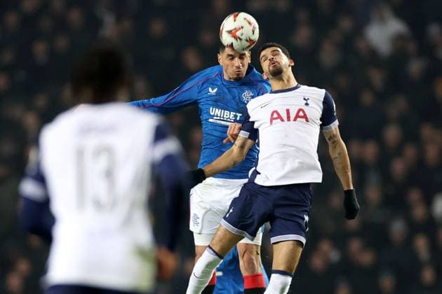Leon Balogun of Rangers jumps with Dominic Solanke of Tottenham Hotspur during the Europa League group phase match at Ibrox Stadium, Glasgow. Rangers v Tottenham Hotspur, UEFA Europa League, Football, Ibrox Stadium, Glasgow, Scotland, UK - 12 Dec 2024 EDITORIAL USE ONLY No use with unauthorised audio, video, data, fixture lists, club league logos or live services. Online in-match use limited to 120 images, no video emulation. No use in betting, games or single club league player publications.  Copyright: xKirkxO Rourke RangersxFC Shutterstockx 14998166aq