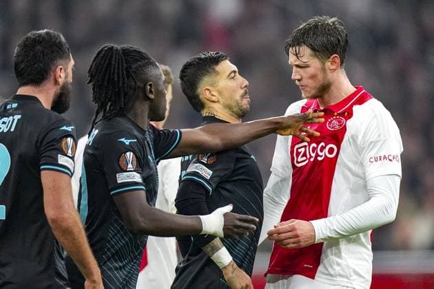 AMSTERDAM, 12-12-2024 , JohanCruyff Arena, Europa League Football, Ajax - Lazio Roma. Ajax player Wout Weghorst and Lazio Roma player Pedro Rodr™guez Ajax - Lazio Roma  x27003468x Copyright: