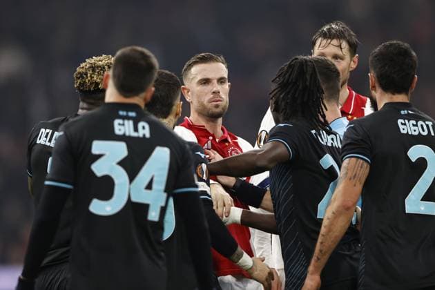 AMSTERDAM - (l-r) Mario Gila of SS Lazio, Jordan Henderson of Ajax, Loum Tchaouna of SS Lazio, Wout Weghorst of Ajax during the UEFA Europa League match between AFC Ajax Amsterdam and SS Lazio Roma at the Johan Cruijff ArenA on Dec. 12, 2024 in Amsterdam, Netherlands. ANP Hollandse Hoogte MAURICE VAN STEEN UEFA Europa League 2024 25 League Phase MD6 2024 25 xVIxANPxSportx xMauricexvanxSteenxIVx 515567007 originalFilename: 515567007.jpg