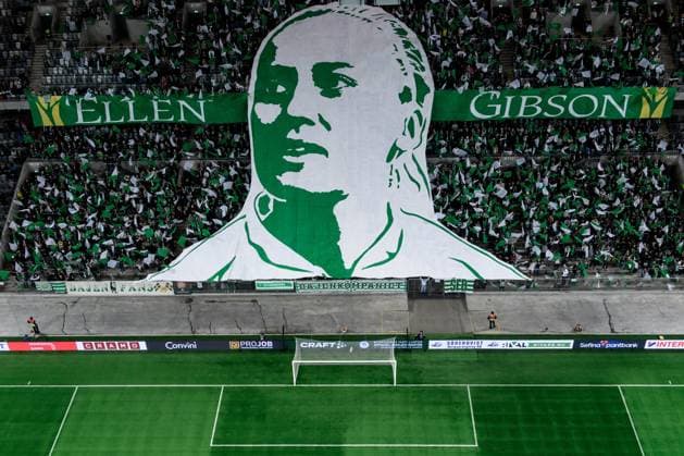 241212 Supporters of Hammarby with a tifo dedicated to Ellen Gibson ahead of the UEFA Women s Champions League football match between Hammarby and Barcelona on December 12, 2024 in Stockholm Photo Jesper Zerman BILDBYRAN kod JZ JZ0598 fotboll football soccer fotball uefa womens champions league hammarby barcelona dam bbeng  Copyright: JESPERxZERMAN BB241212JZ094