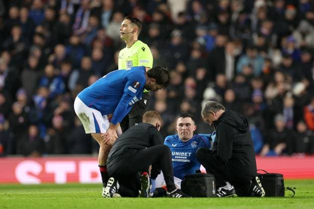 John Souttar of Rangers sits injured during the Europa League group phase match at Ibrox Stadium, Glasgow. Rangers v Tottenham Hotspur, UEFA Europa League, Football, Ibrox Stadium, Glasgow, Scotland, UK - 12 Dec 2024 EDITORIAL USE ONLY No use with unauthorised audio, video, data, fixture lists, club league logos or live services. Online in-match use limited to 120 images, no video emulation. No use in betting, games or single club league player publications.  Copyright: xKirkxO Rourke RangersxFC Shutterstockx 14998166bv