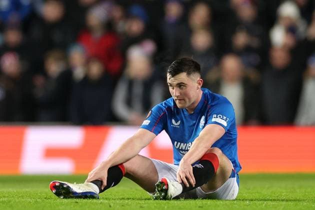 John Souttar of Rangers sits injured during the Europa League group phase match at Ibrox Stadium, Glasgow. Rangers v Tottenham Hotspur, UEFA Europa League, Football, Ibrox Stadium, Glasgow, Scotland, UK - 12 Dec 2024 EDITORIAL USE ONLY No use with unauthorised audio, video, data, fixture lists, club league logos or live services. Online in-match use limited to 120 images, no video emulation. No use in betting, games or single club league player publications.  Copyright: xKirkxO Rourke RangersxFC Shutterstockx 14998166bu