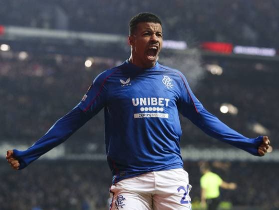 Hamza Igamane of Rangers celebrates scoring his sides first goal during the UEFA Europa League group phase match at Ibrox Stadium, Glasgow. Rangers v Tottenham Hotspur, UEFA Europa League, Football, Ibrox Stadium, Glasgow, Scotland, UK - 12 Dec 2024 EDITORIAL USE ONLY No use with unauthorised audio, video, data, fixture lists, club league logos or live services. Online in-match use limited to 120 images, no video emulation. No use in betting, games or single club league player publications.  Copyright: xLukexNickerson RangersxFC Shutterstockx 14998163bh