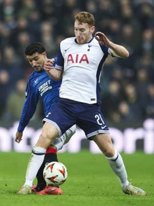 Jefte of Rangers in action with Dejan Kulusevski of Tottenham Hotspur during the UEFA Europa League group phase match at Ibrox Stadium, Glasgow. Rangers v Tottenham Hotspur, UEFA Europa League, Football, Ibrox Stadium, Glasgow, Scotland, UK - 12 Dec 2024 EDITORIAL USE ONLY No use with unauthorised audio, video, data, fixture lists, club league logos or live services. Online in-match use limited to 120 images, no video emulation. No use in betting, games or single club league player publications.  Copyright: xLukexNickerson RangersxFC Shutterstockx 14998163bm