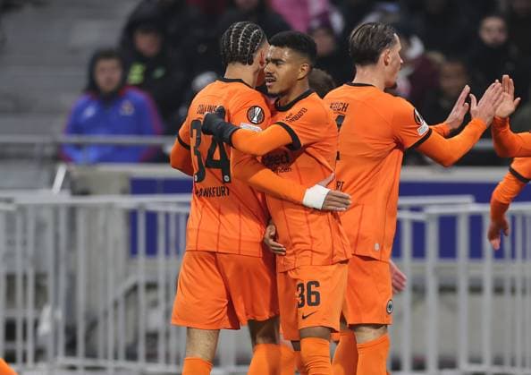 12 12 2024, Football UEFA Europa League, Olympique Lyon Eintracht Frankfurt, emonline, emspor, v l , Goal celebration to 0 1 by Ansgar Knauff Eintracht Frankfurt , Pharell Nnamdi Collins Eintracht Frankfurt , Goal celebration, celebrate the goal DFL DFB REGULATIONS PROHIBIT ANY USE OF PHOTOGRAPHS AS IMAGE SEQUENCES AND OR QUASI VIDEO xdcx Copyright: HMBxMedia Claus