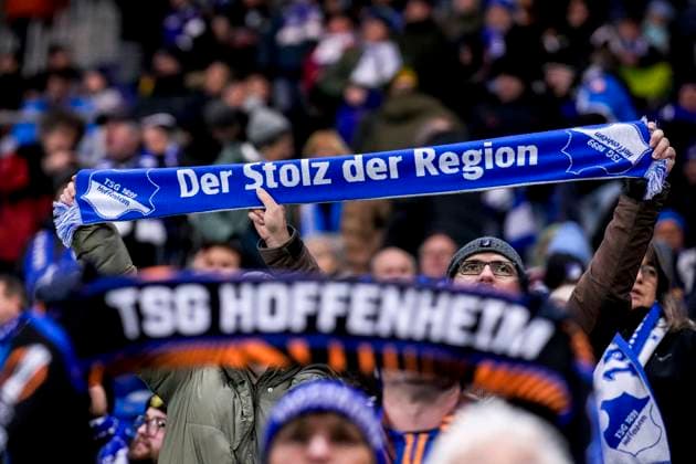 Fans of TSG 1899 Hoffenheim show their fan scarves with the inscription Der Stolz der Region, Fanschal, Fans, Publikum, Zuschauer, Stimmung, Atmosphäre, Stadion, 12 12 2024, Sinsheim Deutschland , Fußball, UEFA Europa League, Gruppenphase, TSG 1899 Hoffenheim FCSB Bucharest, 12 12 2024, Sinsheim Germany , Football, UEFA Europa League, Group stage, TSG 1899 Hoffenheim FCSB Bucharest, DFB DFL REGULATES PROHIBIT ANY USE OF PHOTOGRAPHS AS IMAGE SEQUENCES AND OR QUASI VIDEO xozx
