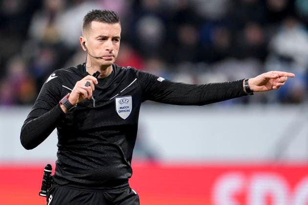 Juxhin Xhaja referee, Albania , gives instructions, gestures, gesticulates with arms, single image, single photo, action, action, 12 12 2024, Sinsheim Germany , football, UEFA Europa League, group stage, TSG 1899 Hoffenheim FCSB Bucharest, 12 12 2024, Sinsheim Germany , Football, UEFA Europa League, Group stage, TSG 1899 Hoffenheim FCSB Bucharest, DFB DFL REGULATES PROHIBIT ANY USE OF PHOTOGRAPHS AS IMAGE SEQUENCES AND OR QUASI VIDEO xozx