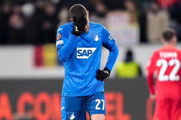 Andrej Kramaric Hoffenheim, 27 , TSG 1899 Hoffenheim player, disappointed about the draw, only draw, disappointment after the final whistle, highlight, point loss, frustration, disappointed, pessimistic, single image, single photo, action, action, 12 12 2024, Sinsheim Germany , Football, UEFA Europa League, Group stage, TSG 1899 Hoffenheim FCSB Bucharest, 12 12 2024, Sinsheim Germany , Football, UEFA Europa League, Group stage, TSG 1899 Hoffenheim FCSB Bucharest, DFB DFL REGULATIONS PROHIBIT ANY USE OF PHOTOGRAPHS AS IMAGE SEQUENCES AND OR QUASI VIDEO xozx