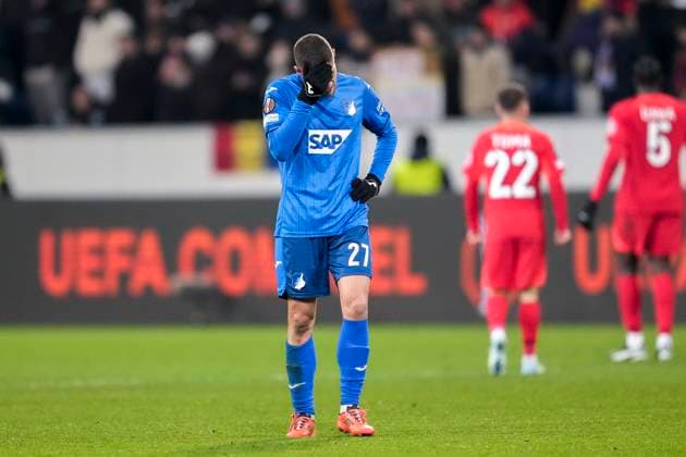 Andrej Kramaric Hoffenheim, 27 , TSG 1899 Hoffenheim player, disappointed about the draw, only draw, disappointment after the final whistle, highlight, point loss, frustration, disappointed, pessimistic, 12 12 2024, Sinsheim Germany , football, UEFA Europa League, Group stage, TSG 1899 Hoffenheim FCSB Bucharest, 12 12 2024, Sinsheim Germany , Football, UEFA Europa League, Group stage, TSG 1899 Hoffenheim FCSB Bucharest, DFB DFL REGULATES PROHIBIT ANY USE OF PHOTOGRAPHS AS IMAGE SEQUENCES AND OR QUASI VIDEO xozx