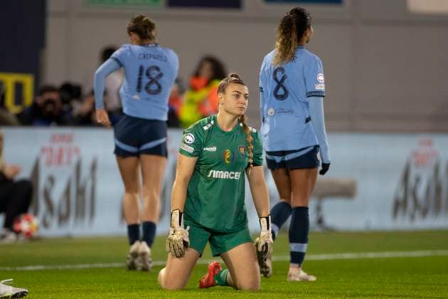 Manchester City v SKN St. Polten - UEFA Women s Champions League 2024 25 Group Stage MD5 Carina Schluter 33 looks dejected after conceding a goal from Kerstin Casparij 18 of Manchester City W.F.C. during the UEFA Champions League Group D match between Manchester City and SKN St. Polten at the Joie Stadium in Manchester, England, on December 12, 2024. Manchester United Kingdom  Copyright: xMIxNewsx originalFilename:fletcher-manchest241212_npLsd.jpg