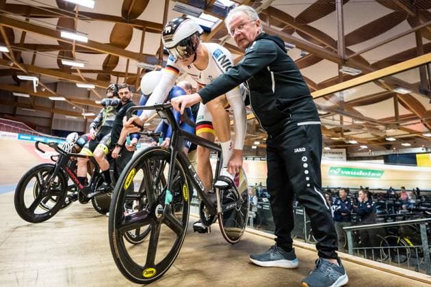 Track Cacling Challenge Grenchen, 13 12 2024 Hackmann Henric RHP Bahn Rad Team Rheinland Pfalz, 128 and Coach Frank Ziegler Track Cacling Challenge in Grenchen, 13 12 2024 Copyright: xBEAUTIFULxSPORTS OlafxRellischx