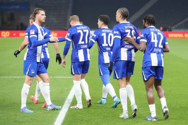 13 12 2024, xtgx, Soccer 2 Bundesliga, Hertha BSC Berlin Preussen Muenster emspor, v l jubilation after the 1 0 by Derry Scherhant Hertha, 39 DFL DFB REGULATIONS PROHIBIT ANY USE OF PHOTOGRAPHS as IMAGE SEQUENCES and or QUASI VIDEO Berlin