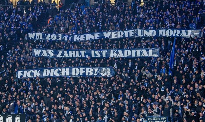 Football, Men, Season 2024 2025, 2 Bundesliga 16 Matchday , Hertha BSC SC Preußen Münster, Fans of Hertha criticize the awarding of the 2034 World Cup to Saudi Arabia World Cup 2034 No values and morals what counts is capital Fuck you DFB , 13 12 2024, Copyright: xSebastianxRäppold MatthiasxKochx