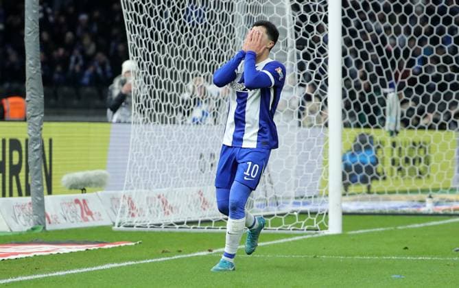 Ibrahim Maza disappointed after missed goal chance Disappointment Sport Football Soccer DFL 2 Bundesliga Men 16 Matchday Season 2024 2025 13 12 2024 Hertha BSC Berlin vs Preußen Münster DFL regulations prohibit any use of photographs as image sequences and or quasi video