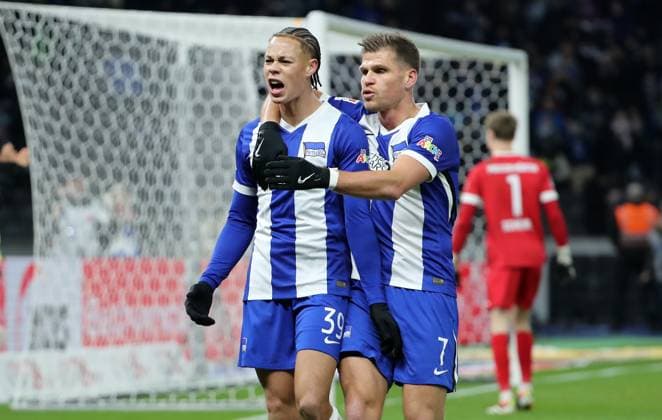 Derry Scherhant celebrates after scoring 1 0 with Florian Niederlechner Joy Emotion Cheering Sport Football Soccer DFL 2 Bundesliga Men 16 Matchday Season 2024 2025 13 12 2024 Hertha BSC Berlin vs Preußen Münster DFL regulations prohibit any use of photographs as image sequences and or quasi video