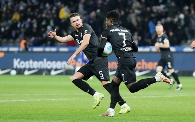 Daniel Kyerewaa celebrates after scoring the 1 1 equalizer with Yassine Bouchama Joy Emotion Cheering Sport Football Soccer DFL 2 Bundesliga Men 16 Matchday Season 2024 2025 13 12 2024 Hertha BSC Berlin vs Preußen Münster DFL regulations prohibit any use of photographs as image sequences and or quasi video