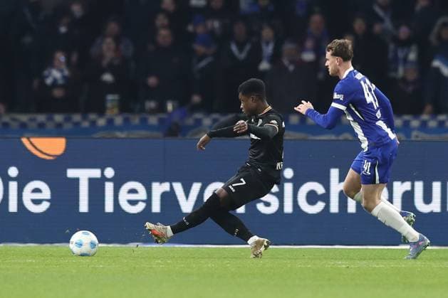 13 12 2024, xtgx, Soccer 2 Bundesliga, Hertha BSC Berlin Preussen Muenster emspor, v l Goal to 1 1 by Daniel Kyerewaa Muenster, 7 DFL DFB REGULATIONS PROHIBIT ANY USE OF PHOTOGRAPHS as IMAGE SEQUENCES and or QUASI VIDEO Berlin