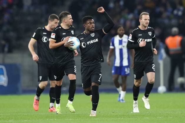 13 12 2024, xtgx, Soccer 2 Bundesliga, Hertha BSC Berlin Preussen Muenster emspor, v l jubilation after the 1 1 by Daniel Kyerewaa Muenster, 7 DFL DFB REGULATIONS PROHIBIT ANY USE OF PHOTOGRAPHS as IMAGE SEQUENCES and or QUASI VIDEO Berlin