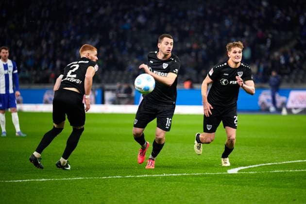 Mikkel Kirkeskov SC Preussen Muenster, 02 , Torge Paetow SC Preussen Muenster, 16 , Lucas Frenkert SC Preussen Muenster, 29 , GER, Hertha BSC vs SC Preussen Muenster, Soccer Men, 2 Bundesliga, Season 2024 2025, Matchday 16, 13 12 2024 DFL REGULATES PROHIBIT ANY USE OF PHOTOGRAPHS AS IMAGE SEQUENCES AND OR QUASI VIDEO GER, Hertha BSC vs SC Preussen Muenster, Soccer men, 2 Bundesliga, Season 2024 2025, 16 Matchday, 13 12 2024 Berlin Copyright: xEibner-Pressefotox xClaudiusxRauchx EP_CRH