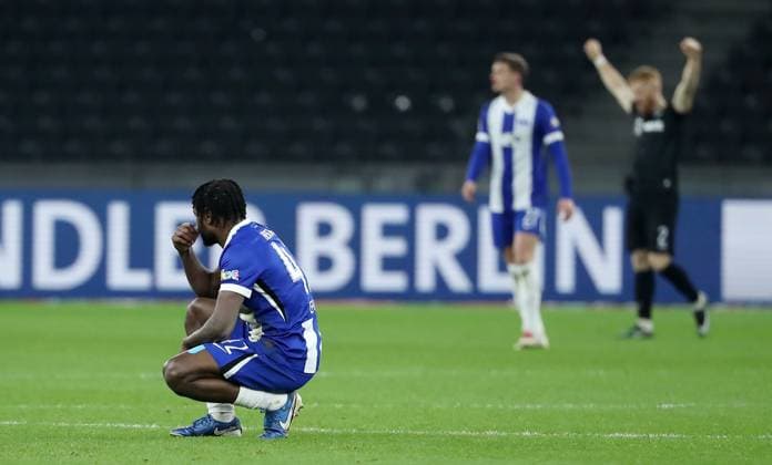 Deyovaisio Zeefuik disappointed after the end of the match Disappointment Sport Football Soccer DFL 2 Bundesliga Men 16 Matchday Season 2024 2025 13 12 2024 Hertha BSC Berlin vs Preußen Münster DFL regulations prohibit any use of photographs as image sequences and or quasi video