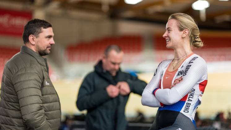 Track Cacling Challenge Grenchen, 13 12 2024 Jabornikova Veronika DUB Dukla Brno , right, and coach Petr Klimes, left Track Cycling Challenge in Grenchen, 13 12 2024 Copyright: xBEAUTIFULxSPORTS OlafxRellischx