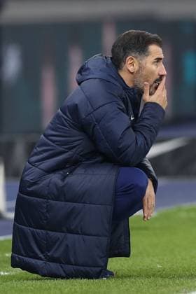 13 12 2024, xtgx, Soccer 2 Bundesliga, Hertha BSC Berlin SC Preussen Muenster emspor, v l Cristian Fiel Hertha, coach thoughtful disappointed, disappointed, looks disappointed, disappointed DFL DFB REGULATIONS PROHIBIT ANY USE OF PHOTOGRAPHS as IMAGE SEQUENCES and or QUASI VIDEO Berlin