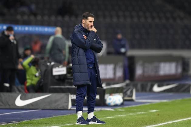 13 12 2024, xtgx, Soccer 2 Bundesliga, Hertha BSC Berlin SC Preussen Muenster emspor, v l Cristian Fiel Hertha, coach thoughtful disappointed, disappointed, looks disappointed, disappointed DFL DFB REGULATIONS PROHIBIT ANY USE OF PHOTOGRAPHS as IMAGE SEQUENCES and or QUASI VIDEO Berlin