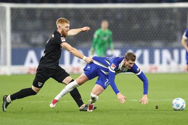 13 12 2024, xtgx, Football 2 Bundesliga, Hertha BSC Berlin SC Preussen Muenster emspor, v l Mikkel Kirkesov Münster, 2 , Michael Cuisance Hertha, 27 duel, duel, fight, tackle DFL DFB REGULATIONS PROHIBIT ANY USE OF PHOTOGRAPHS as IMAGE SEQUENCES and or QUASI VIDEO Berlin
