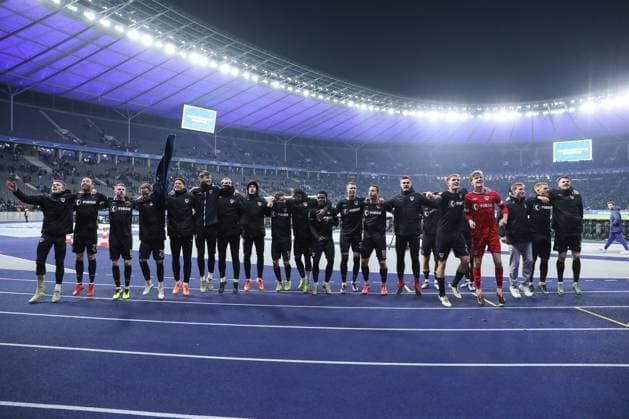 13 12 2024, xtgx, Soccer 2 Bundesliga, Hertha BSC Berlin SC Preussen Muenster emspor, v l Münster jubilation over the victory, jubilation after the end of the match DFL DFB REGULATIONS PROHIBIT ANY USE OF PHOTOGRAPHS as IMAGE SEQUENCES and or QUASI VIDEO Berlin