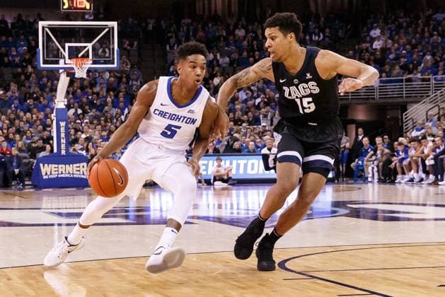 NCAA, College League, USA Basketball 2018: Gonzaga vs Creighton DEC 01 December 01, 2018 - Omaha, NE U.S. - Creighton Bluejays guard Ty-Shon Alexander 5 drives to the hoop as Gonzaga Bulldogs forward Brandon Clarke 15 defends in action during an NCAA men s basketball game between 1 ranked Gonzaga Bulldogs and Creighton Bluejays at the CHI Health Center in Omaha, NE..Attendance: 18,759.Gonzaga won 103-92.Michael Spomer Cal Media. Omaha Nebraska United States of America EDITORIAL USE ONLY Copyright: xx ZUMA-20181201_zaf_c04_1024.jpg MichaelxSpomerx csmphototwo469827