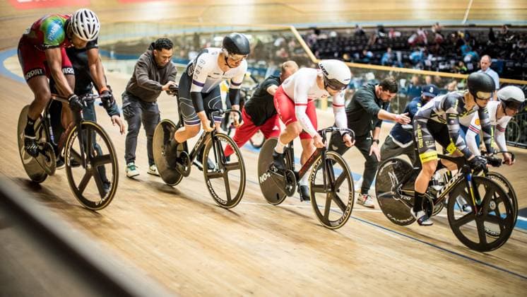 Track Cacling Challenge Grenchen, 13 12 2024 Start Keirin Phillip Njisane JLD JLD Cycling Acamedy, 119 Spiegel Luca RHP Bahn Rad Team Rheinland Pfalz, 129 Burawski Konrad POL Poland, 123 Peterka David DUB Dukla Brno, 111 Track Cacling Challenge in Grenchen, 13 12 2024 Copyright: xBEAUTIFULxSPORTS OlafxRellischx