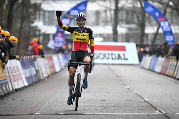 Belgian Sanne Cant crosses the finish line at the women s elite race at the Herentals Crosst cyclocross cycling event on Saturday 14 December 2024 in Herentals, stage 4 8 in the X2O Badkamers Trofee Veldrijden competition. JASPERxJACOBS  x108239798x