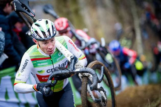 Belgian Laurens Sweeck pictured in action during the men s elite race at the Herentals Crosst cyclocross cycling event on Saturday 14 December 2024 in Herentals, stage 4 8 in the X2O Badkamers Trofee Veldrijden competition. JASPERxJACOBS  x108249427x